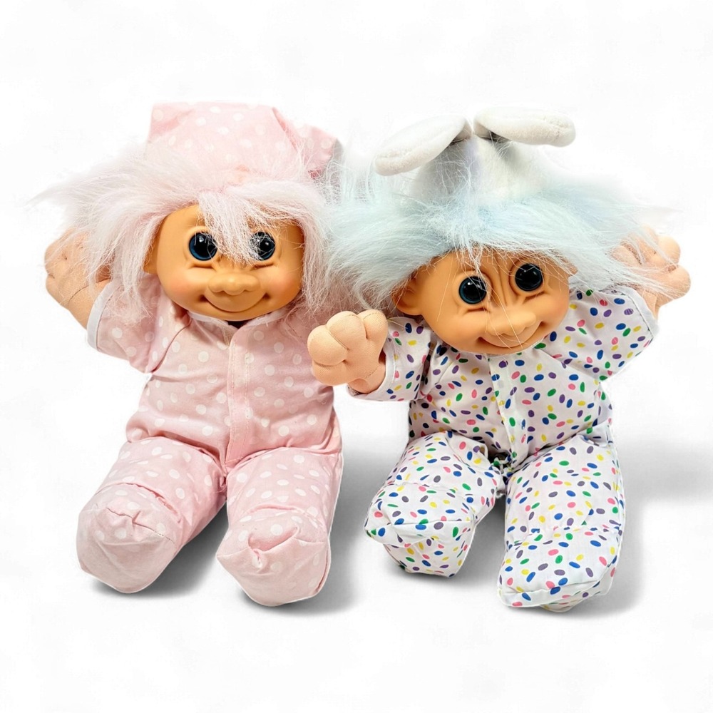 Russ Troll Doll Lot 2 Baby Trolls Rabbit Polka Dot & Nightcap Pink 12 in‎